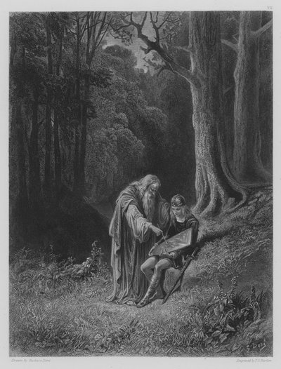 Merlin malt den Schild des jungen Ritters von Gustave after Dore